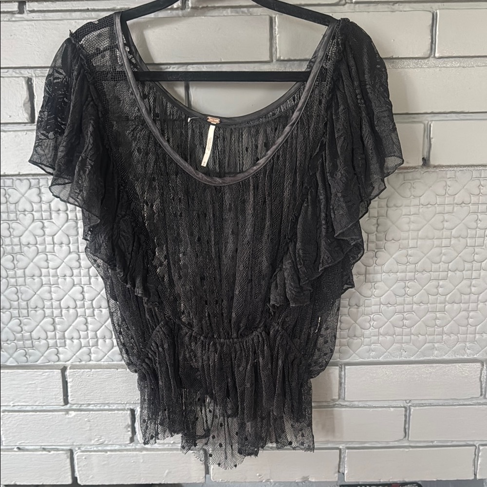 Free People Black Sheer Flutter Sleeve Blouse